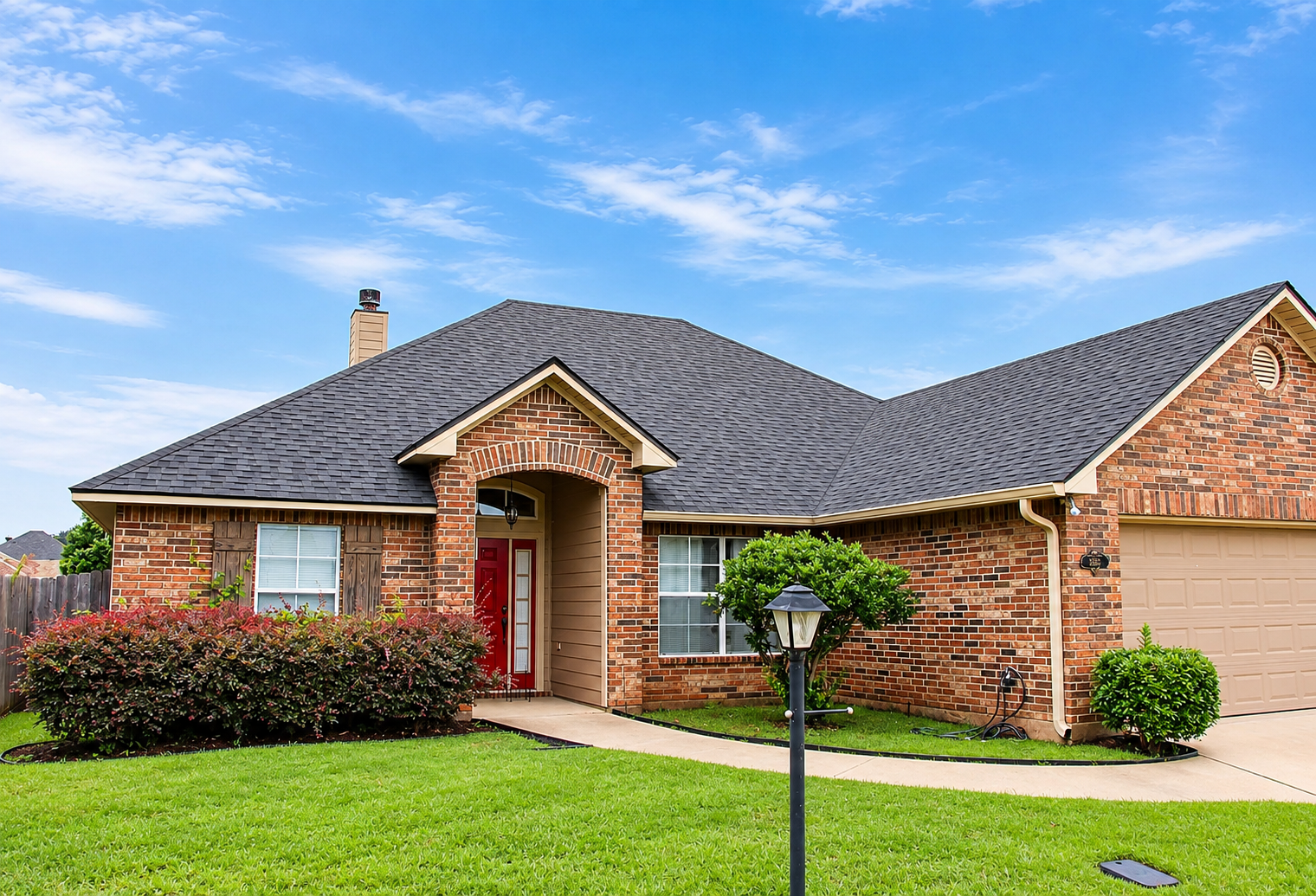 Brick suburban house with dark gray roof, red front door, and green lawn under a blue sky