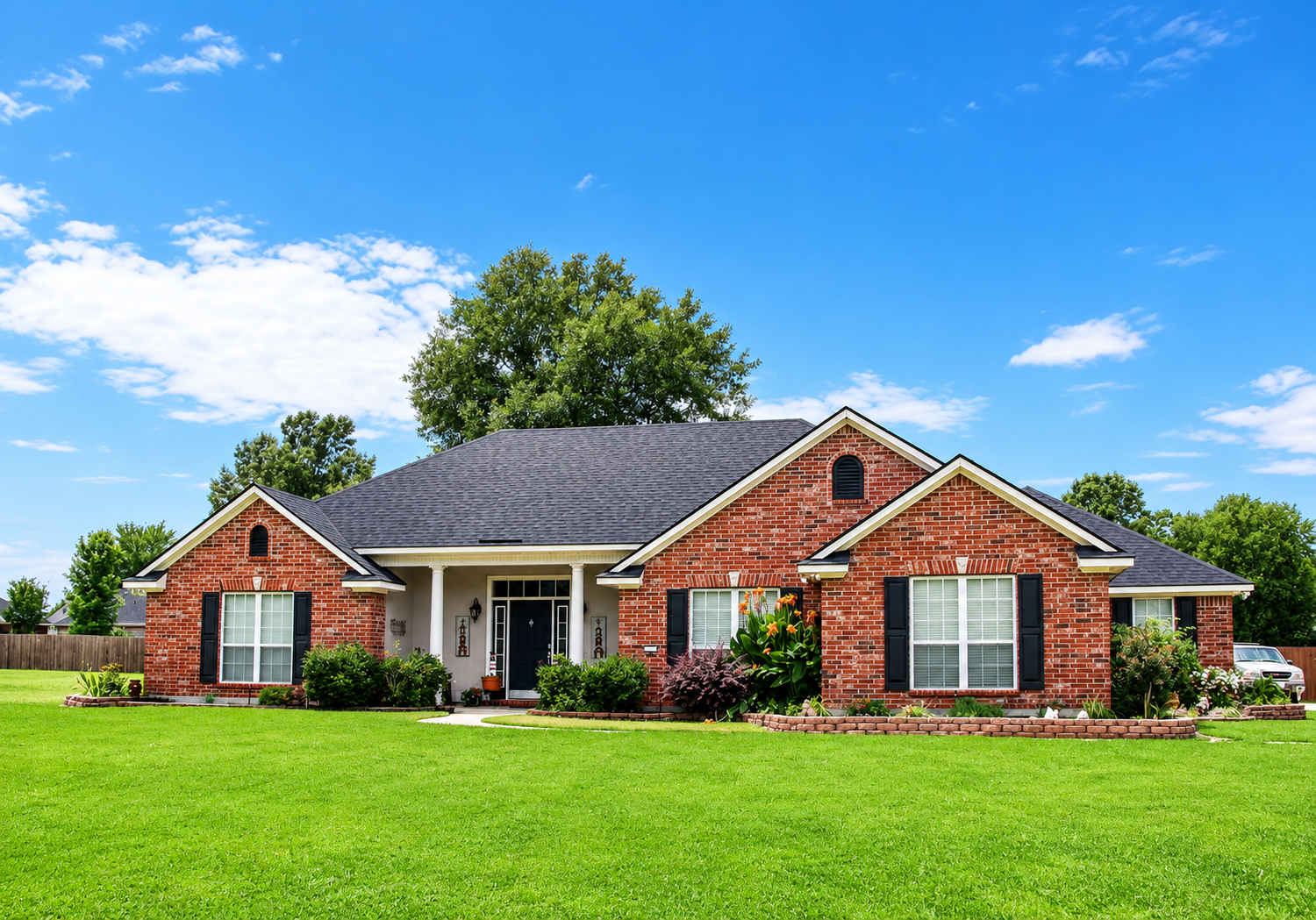 Single-story brick house with a gray roof and green lawn under a bright blue sky