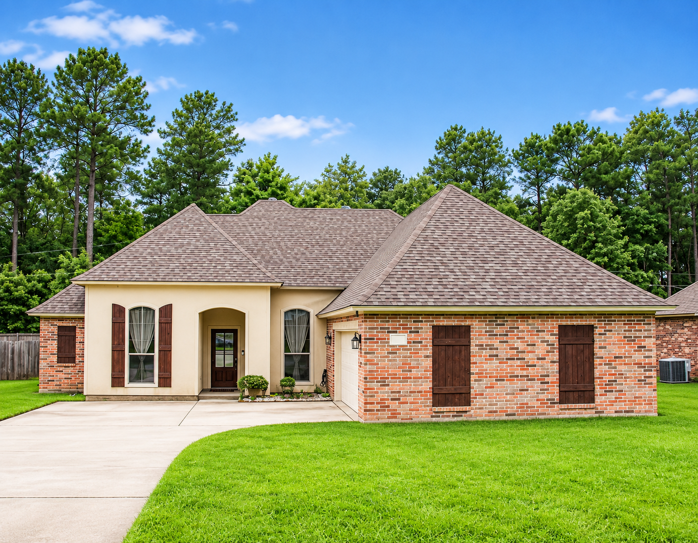 Single-story brick house with beige siding, front porch, and green lawn under a blue sky