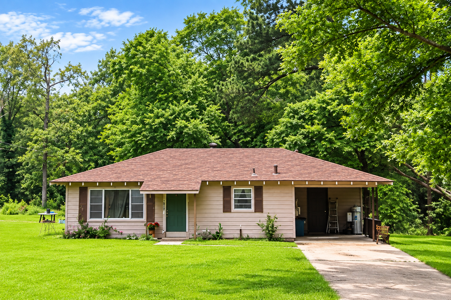 Small beige house with a red roof, front lawn, and driveway surrounded by tall green trees