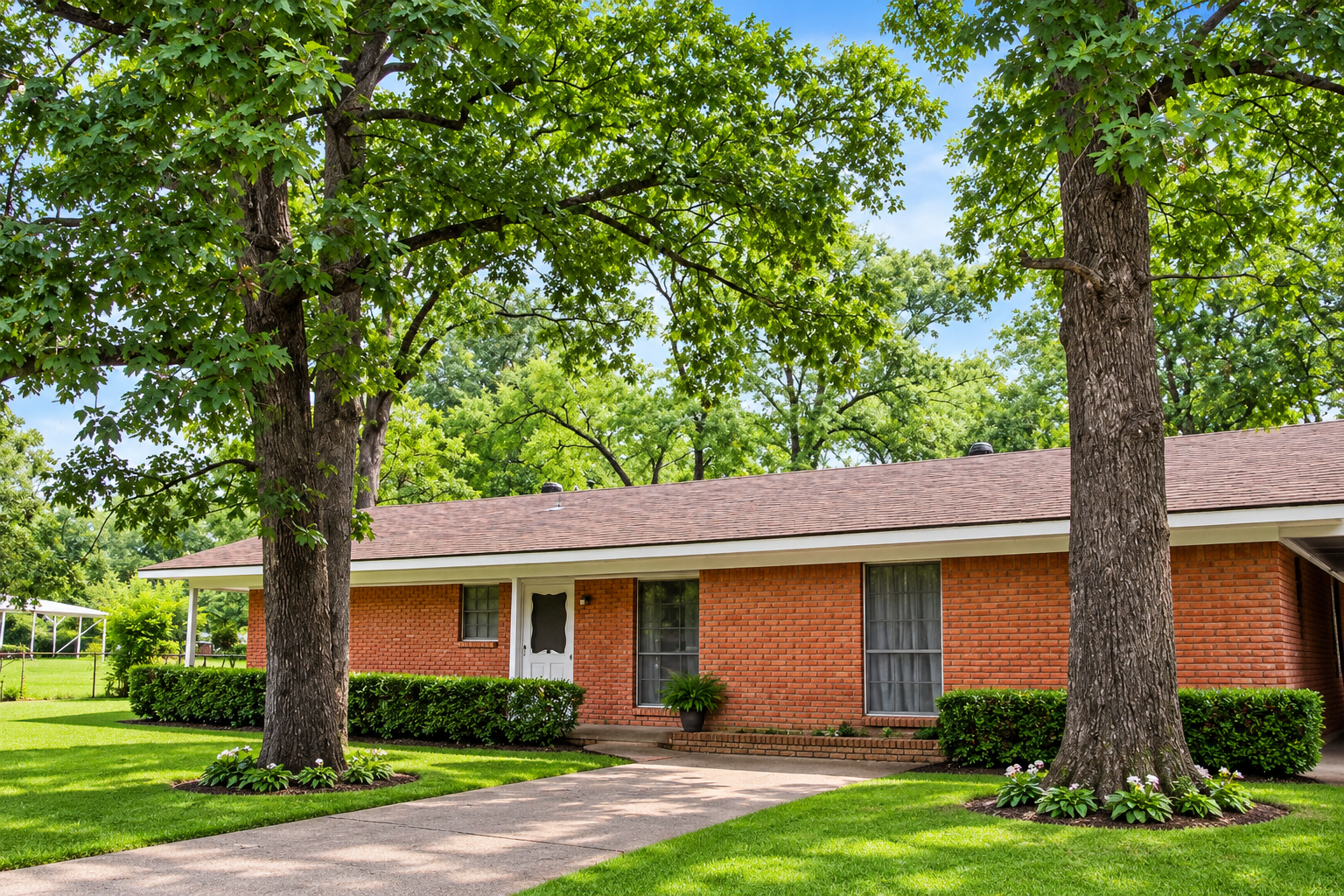 Brick ranch house with a front lawn, large trees, and a sidewalk under bright green foliage