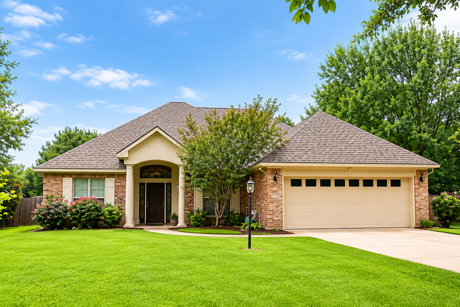 Single-story brick house with a two-car garage and green lawn under a blue sky