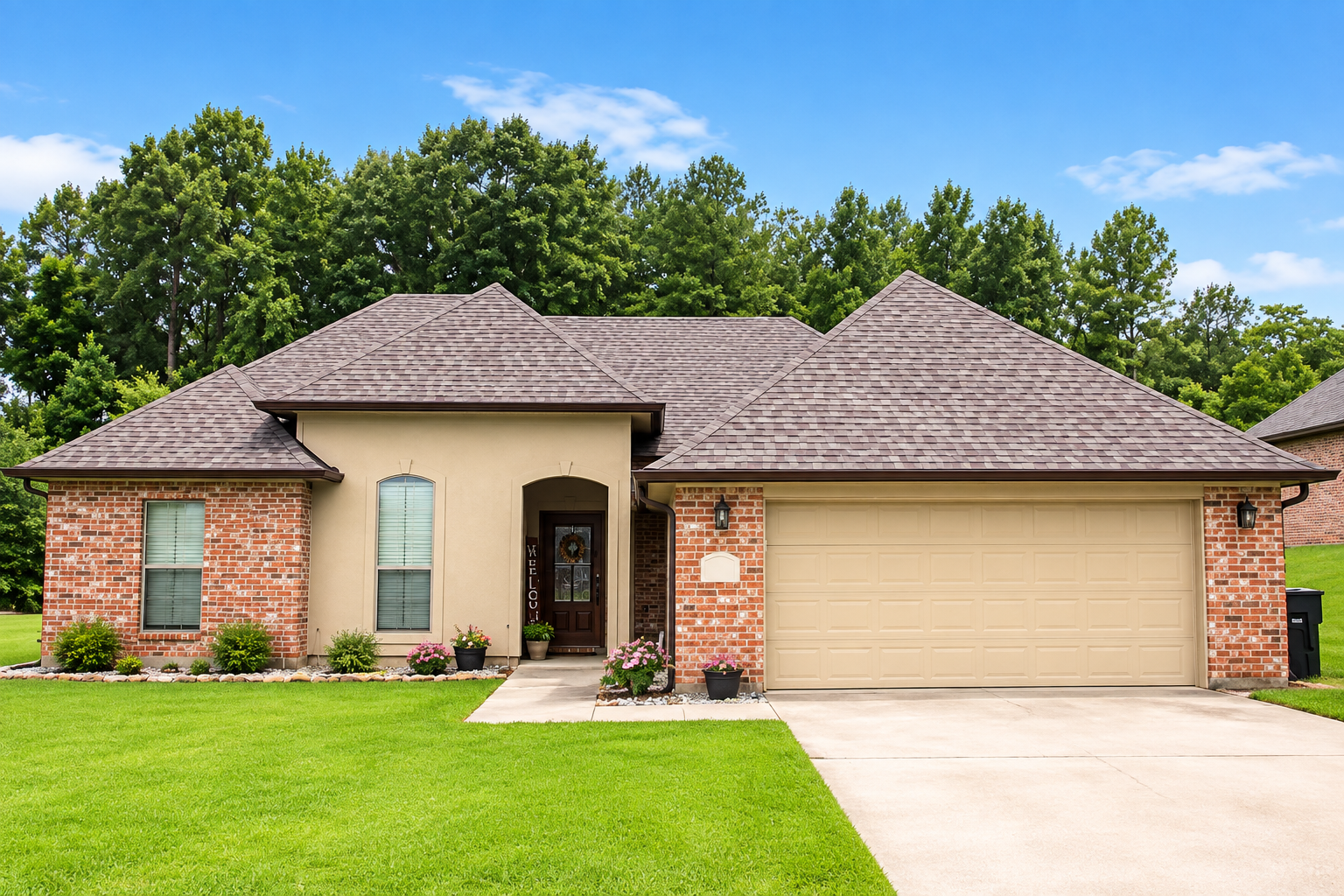 Single-story brick house with tan garage and bright green lawn under a blue sky