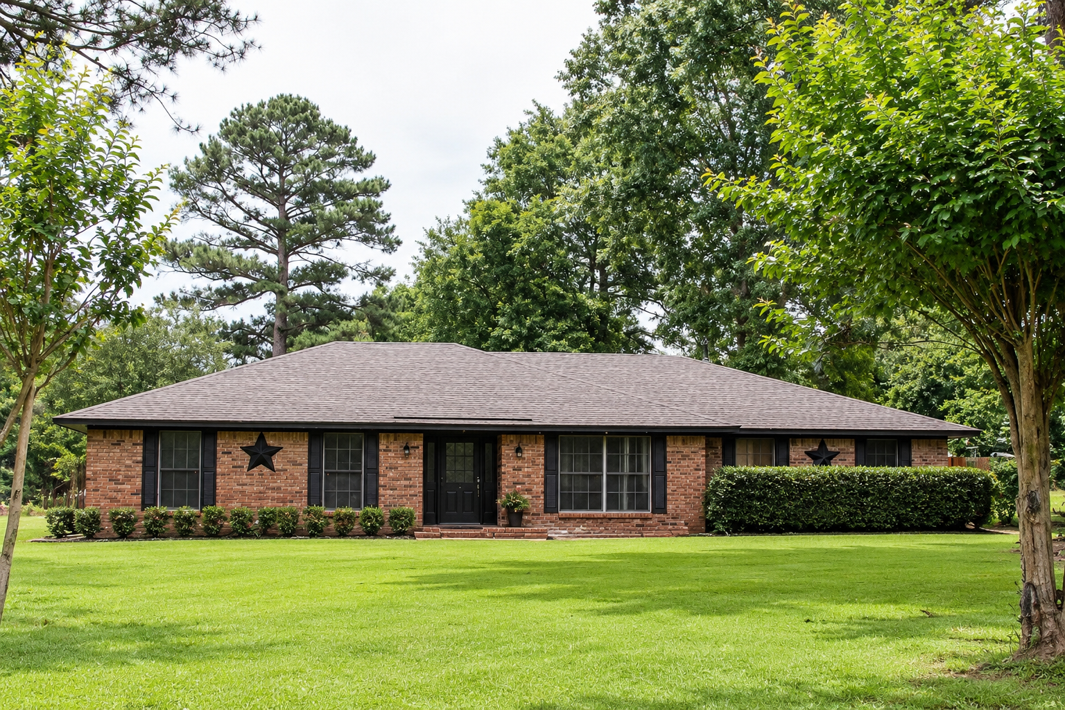 Single-story brick house with a dark roof and large green lawn, surrounded by trees