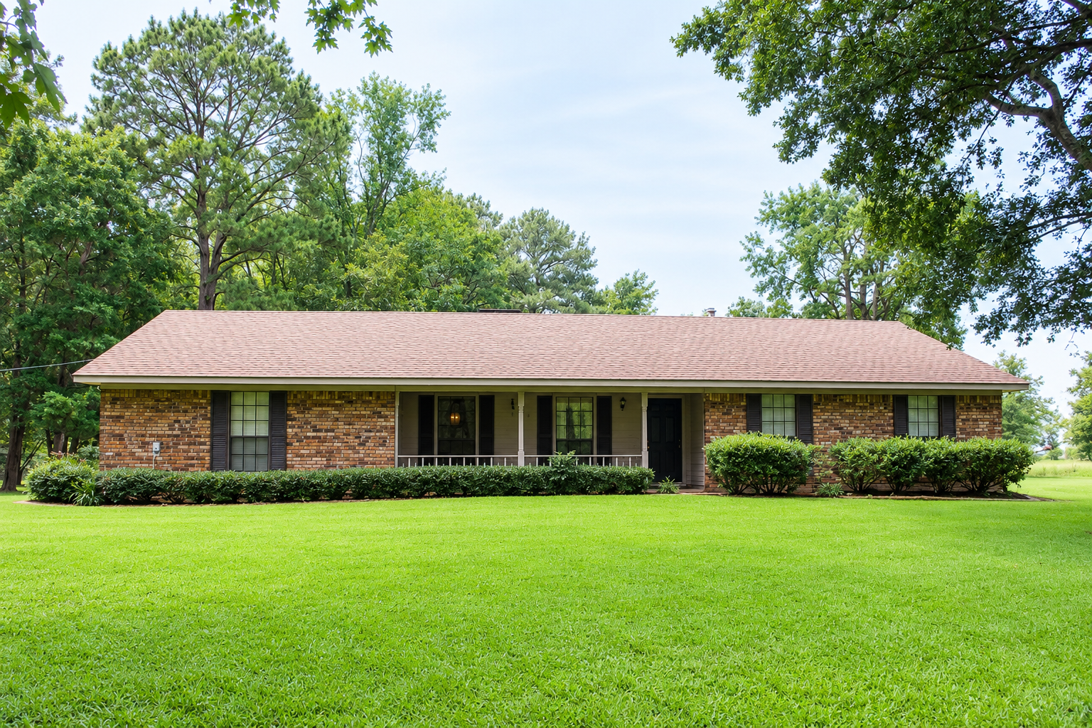 Single-story brick house with a pink roof, front porch, and a large green lawn.