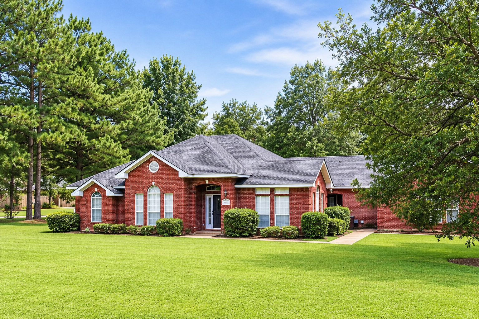 Brick house with a gray roof and red trim, surrounded by a green lawn and tall trees