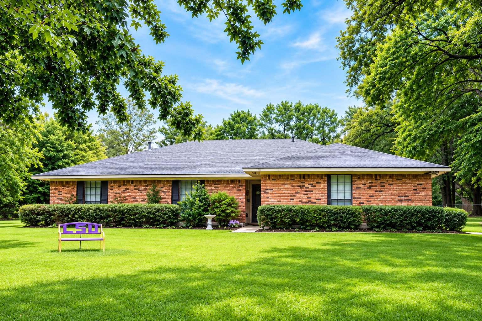 Brick ranch house with a manicured lawn and trees under a blue sky