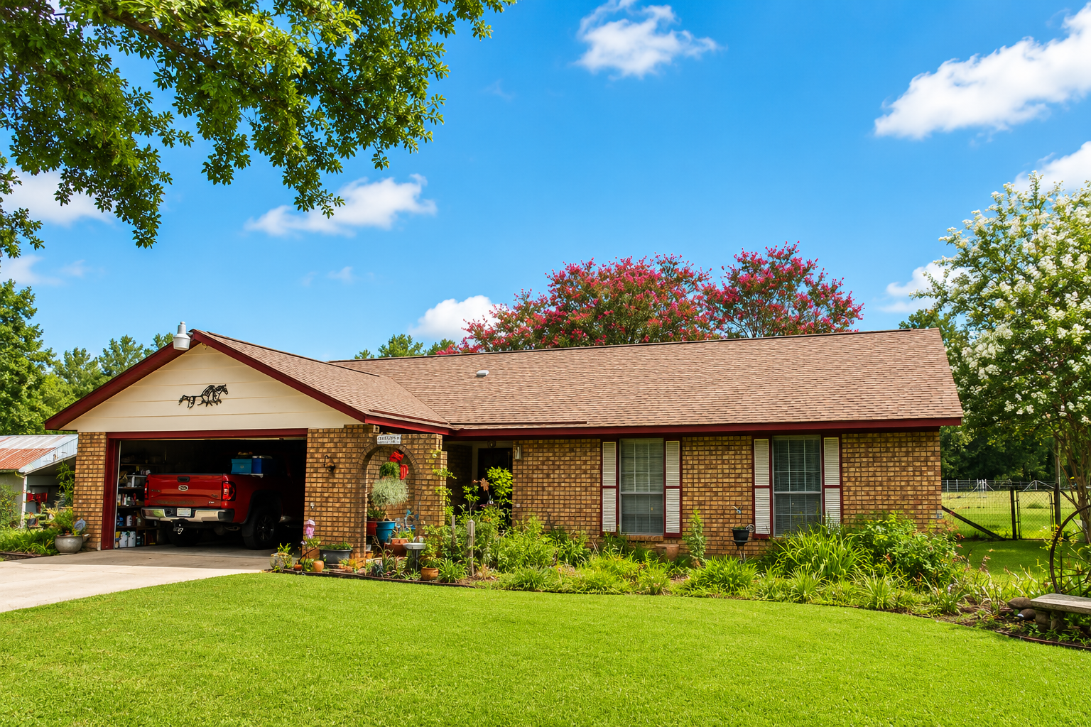 Single-story brick house with a red truck in the open garage, green lawn, and blue sky.