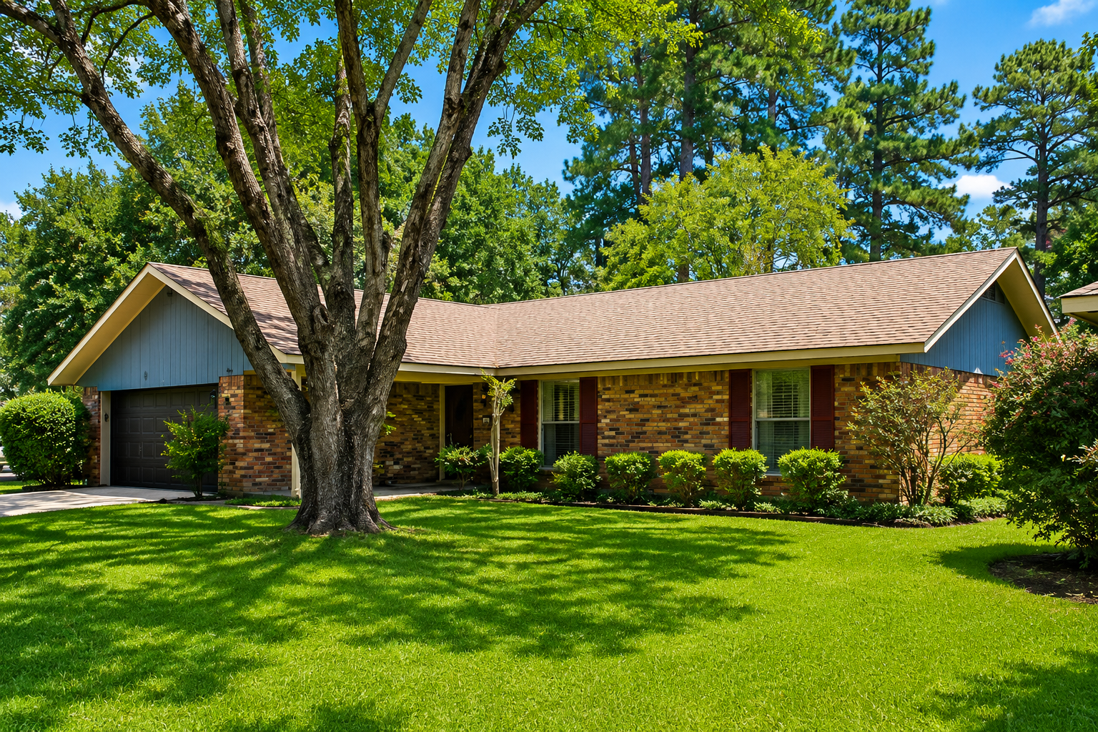 Single-story brick house with a large front lawn and tall trees in bright sunlight