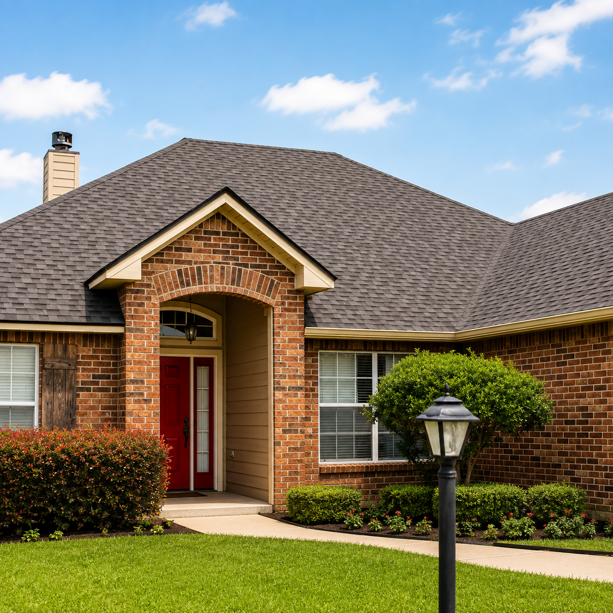 Brick suburban house with arched front entry, red door, manicured lawn, and lamp post under a blue sky