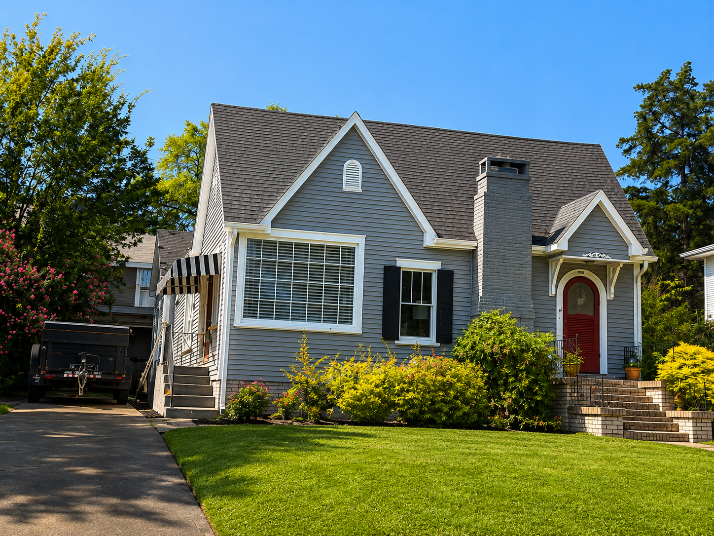 Gray house with white trim, red front door, and a green lawn on a sunny day