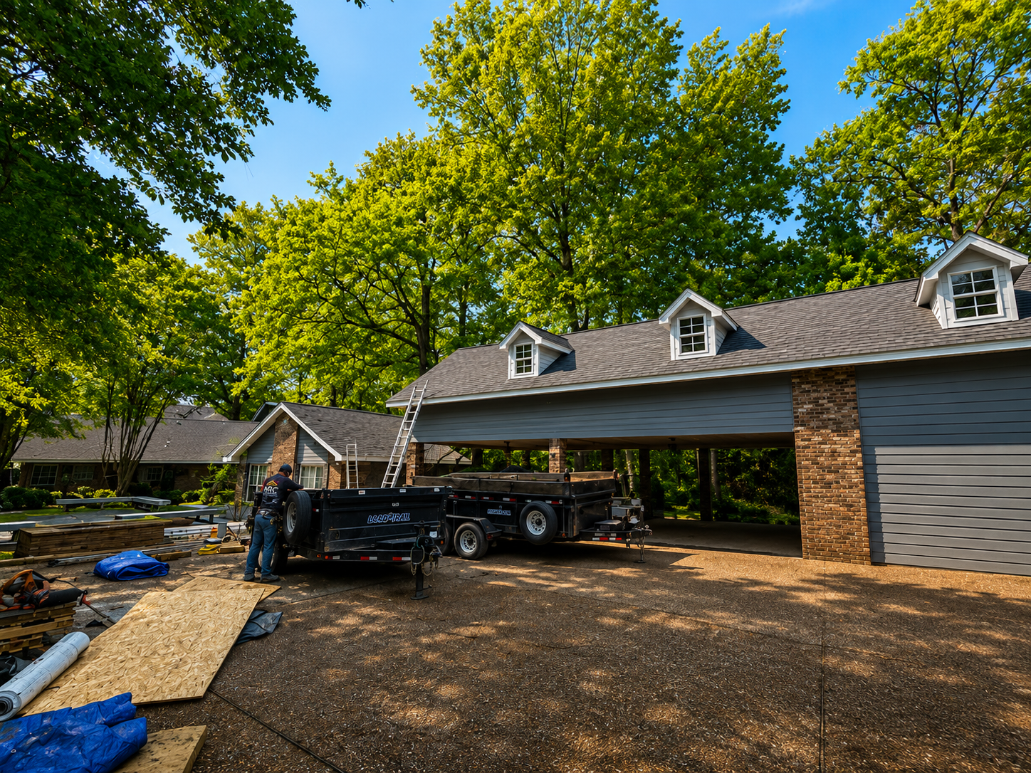Driveway beside gray house with black truck and trailer, trees overhead, and construction materials scattered nearby