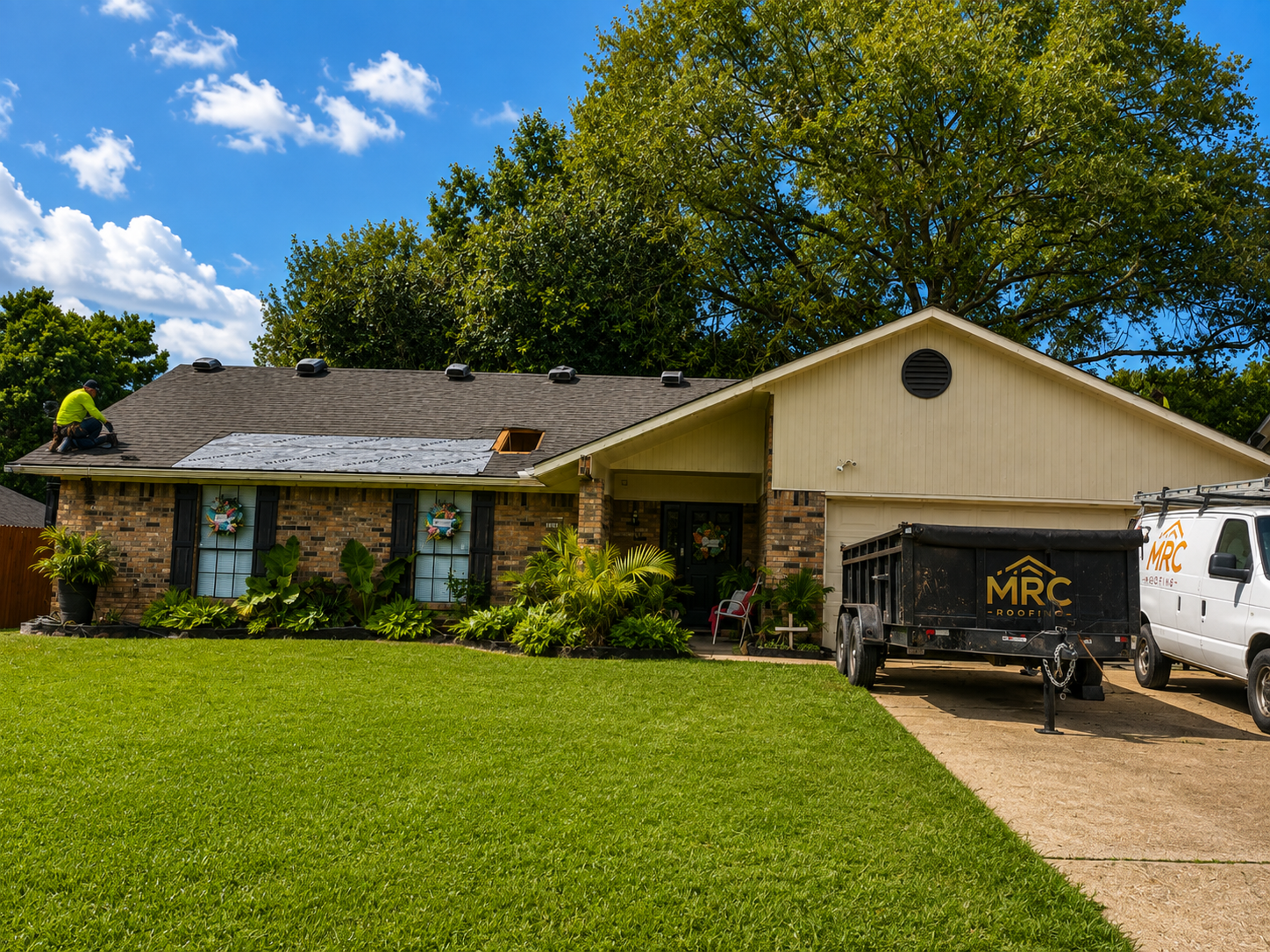 Single-story house with green lawn, driveway, and parked truck under a sunny sky