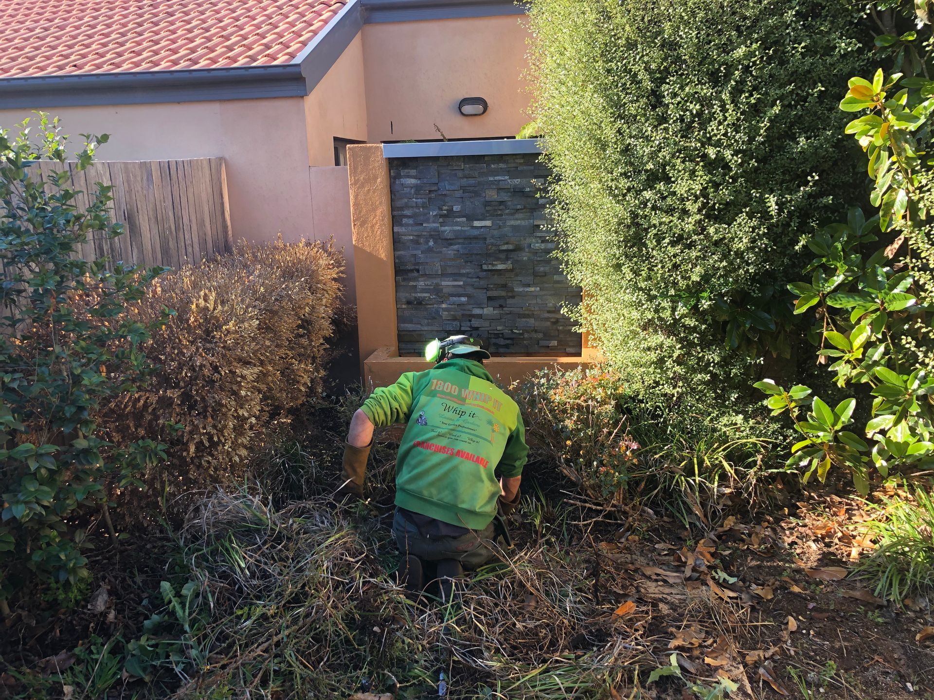 Person in a green shirt crouches in a garden, clearing overgrown plants near a house.