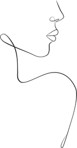 Minimalistische schwarze Linienzeichnung eines Gesichtsprofils und eines Halses auf weißem Hintergrund