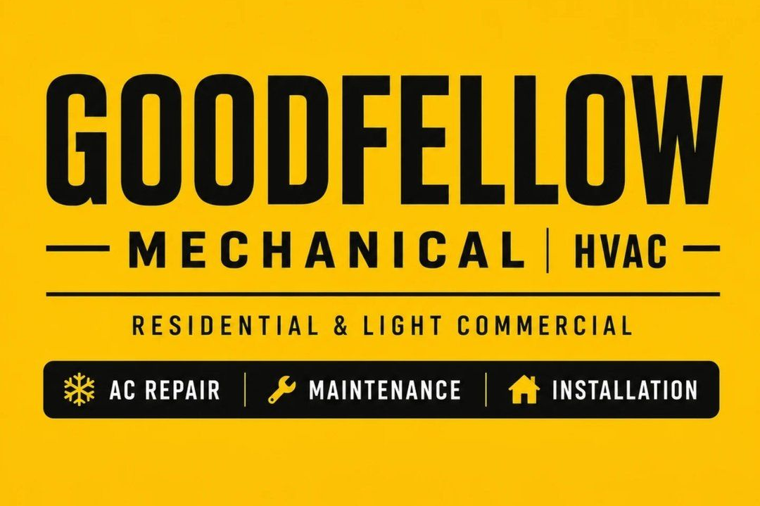 GoodFellow Mechanical HVAC logo on yellow background, with residential and light commercial AC repair, maintenance, installation services