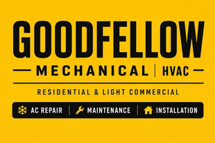GoodFellow Mechanical HVAC logo on yellow background, with residential and light commercial AC repair, maintenance, installation services
