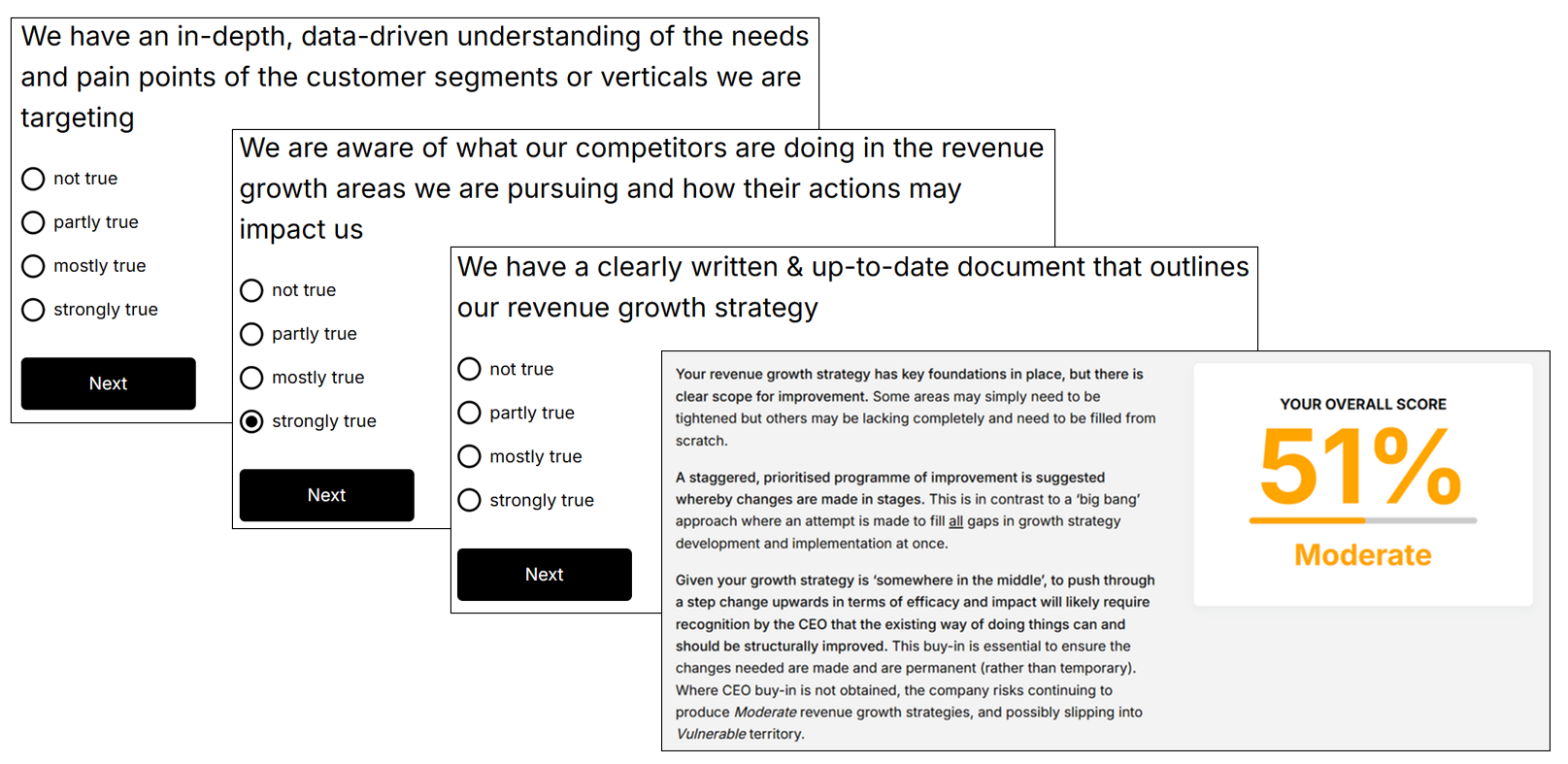 Screenshot of three survey questions with radio button options and an overlay with a moderate score.