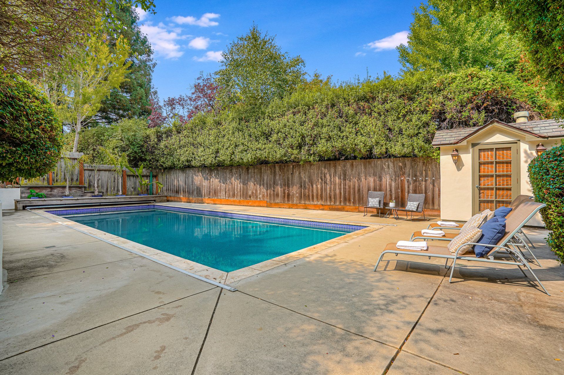 A backyard with a swimming pool and sun loungers. There is a small shed next to the pool, and the area is surrounded by trees.