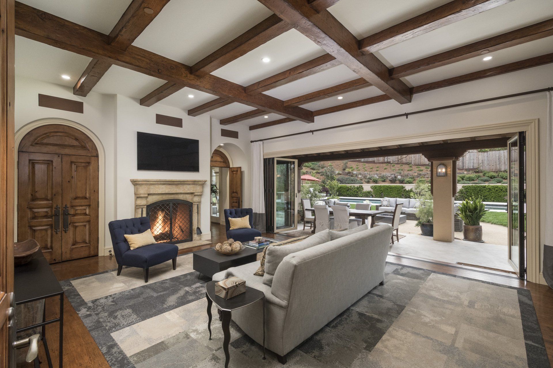 A room with a fireplace and a couch