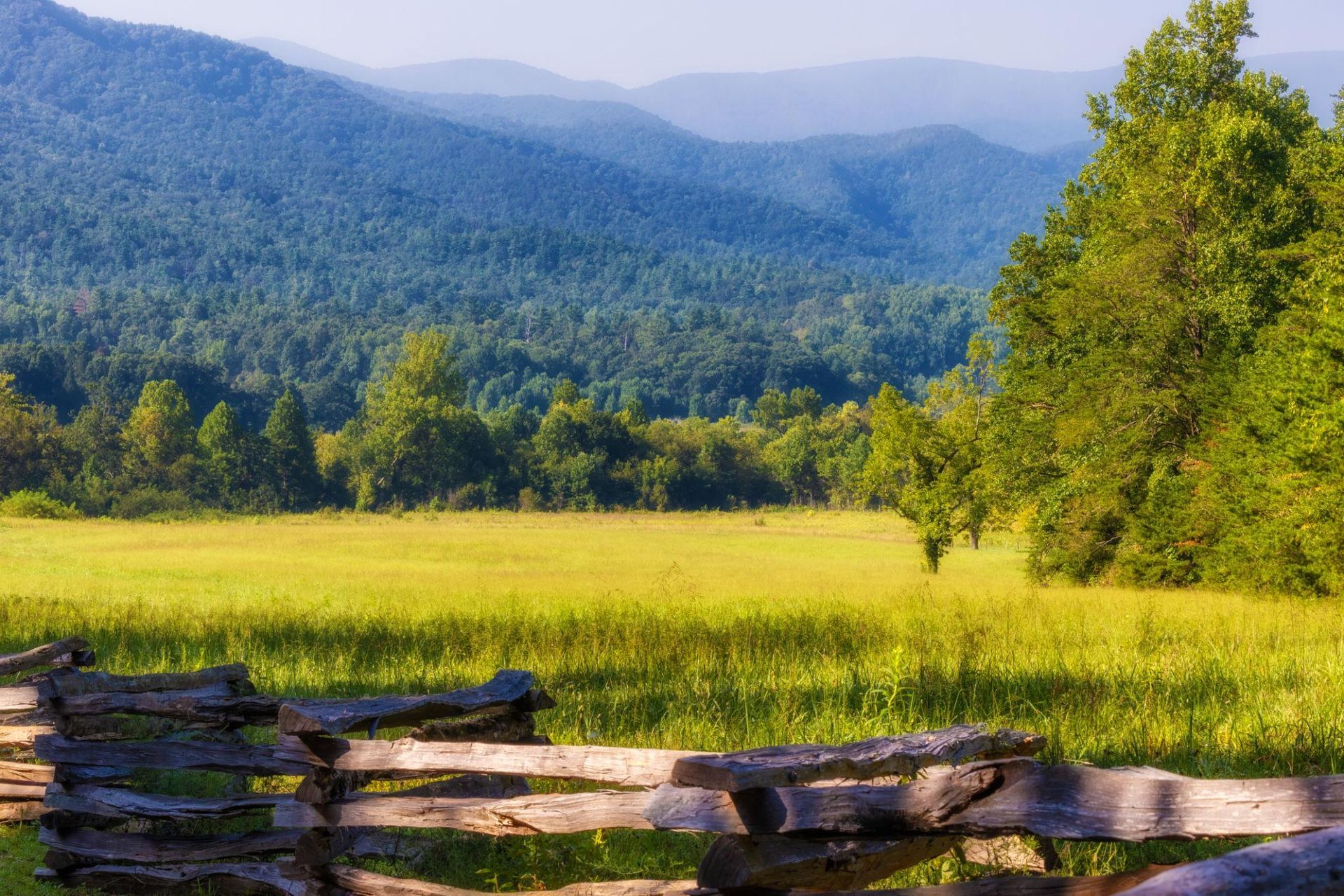 Sunlit meadow with a split-rail fence, forested mountains, and a hazy blue sky