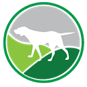 White silhouette of a dog in a pointing stance, on a green blob, inside a green circle.