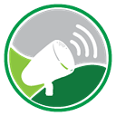 Green circle with a white speaker emitting sound waves.