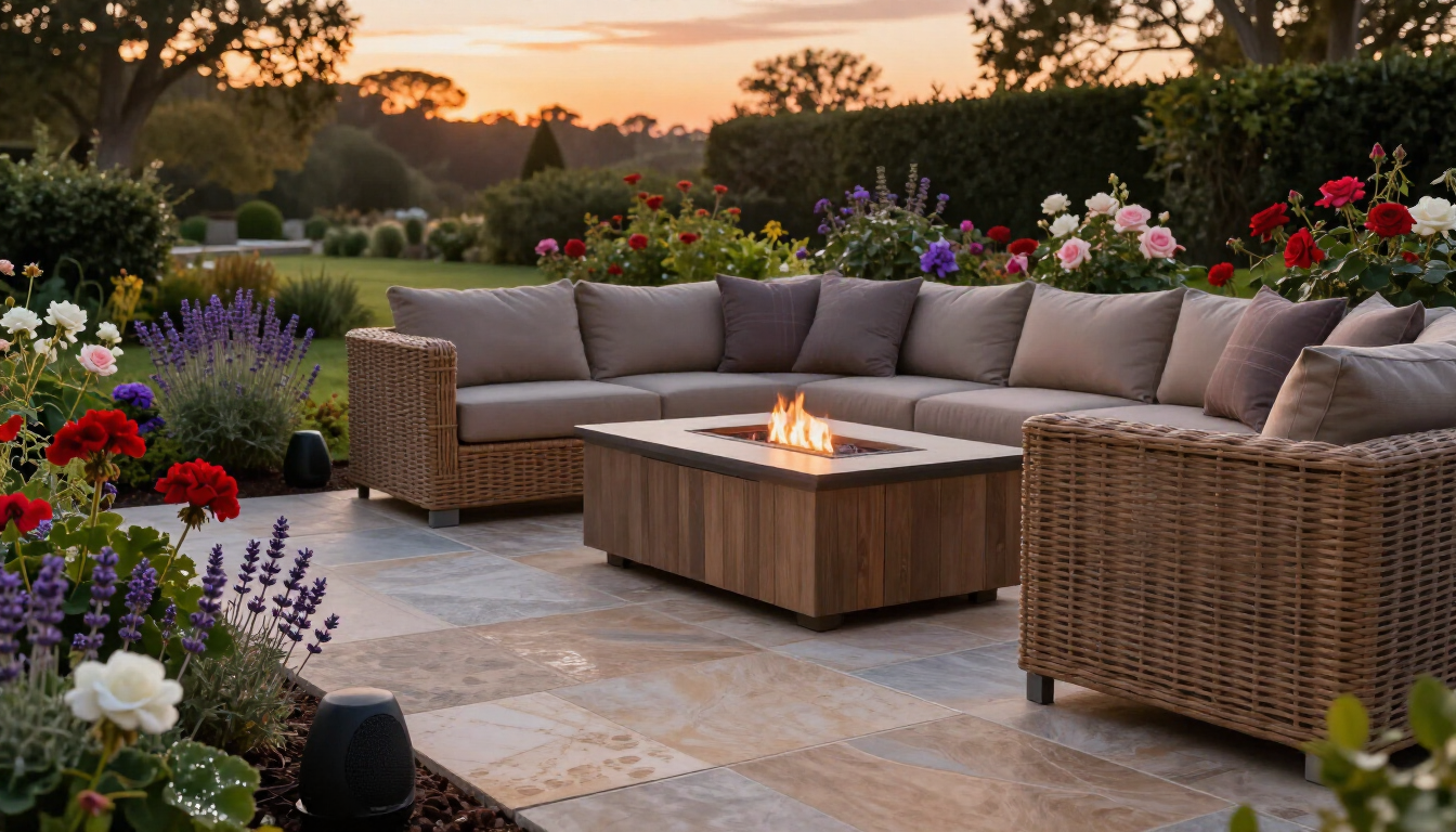 Sonance outdoor speakers integrated into luxury backyard patio — Omaha Nebraska