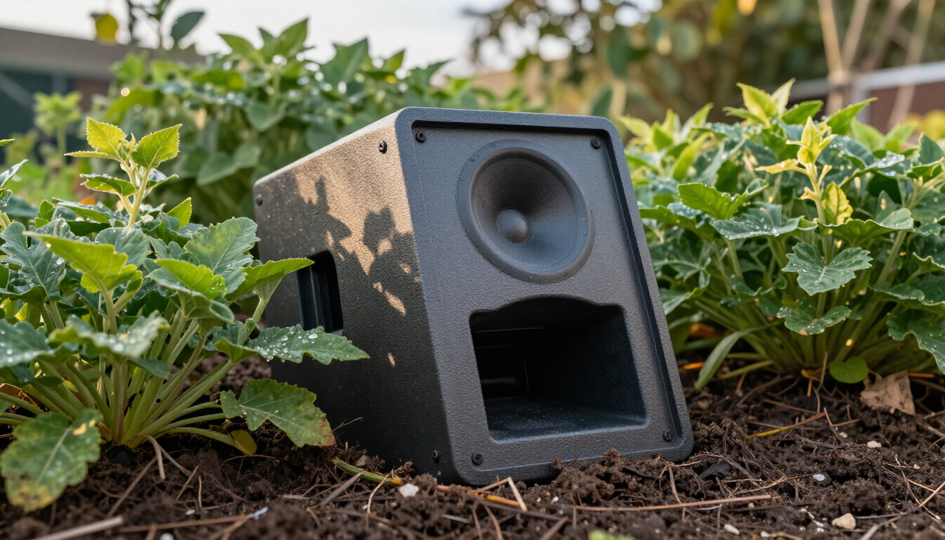 High-end Sonance outdoor speaker installed in garden bed — Earl Outdoor Solutions Omaha