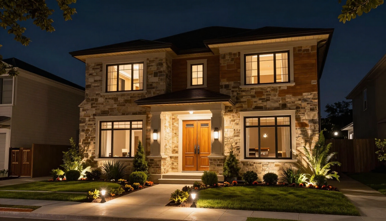 Luxury Omaha home featuring elegant landscape lighting and architectural highlights.