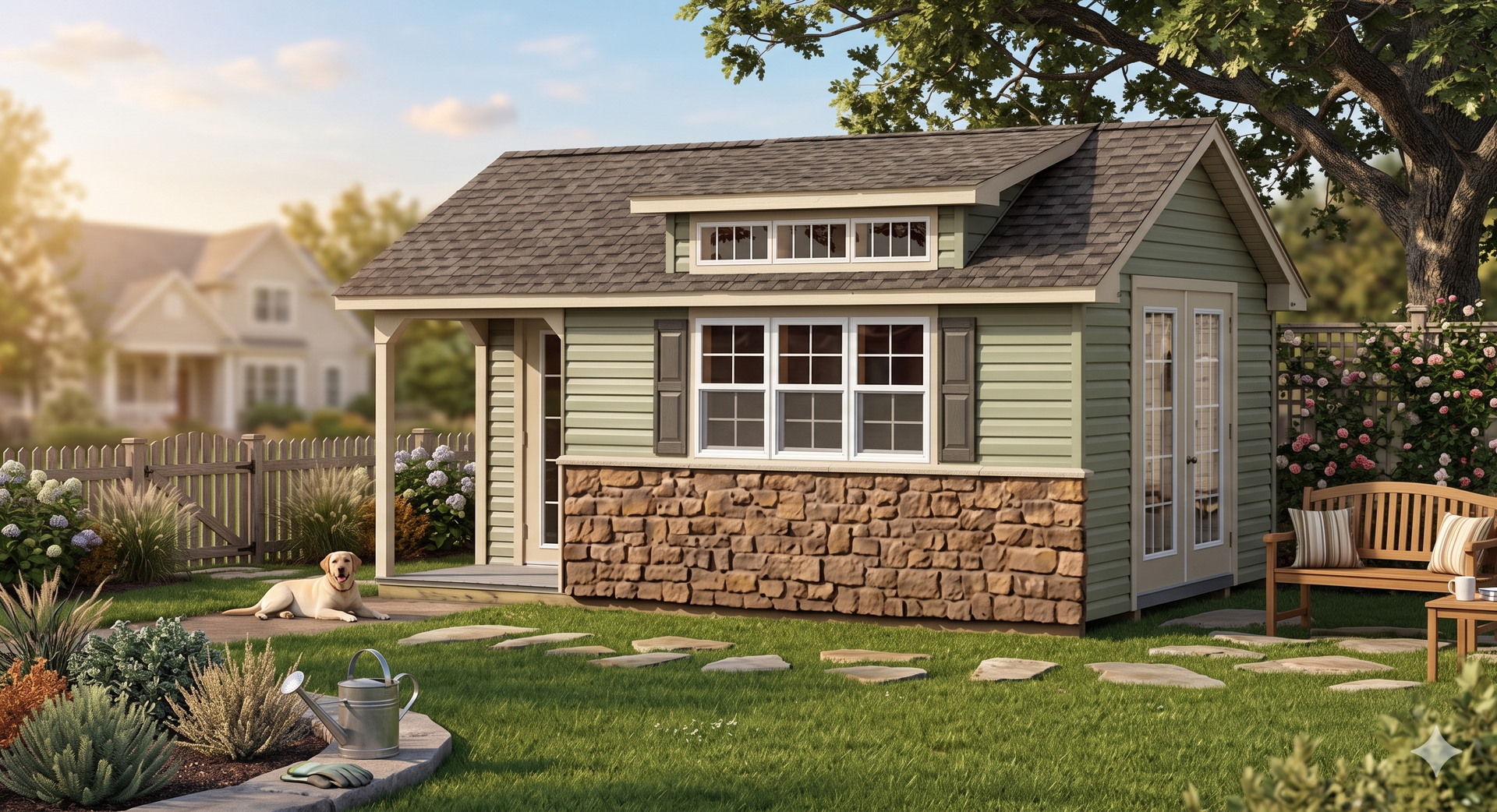 Small green-and-stone backyard shed with windows, set in a landscaped garden with stepping stones and outdoor furniture