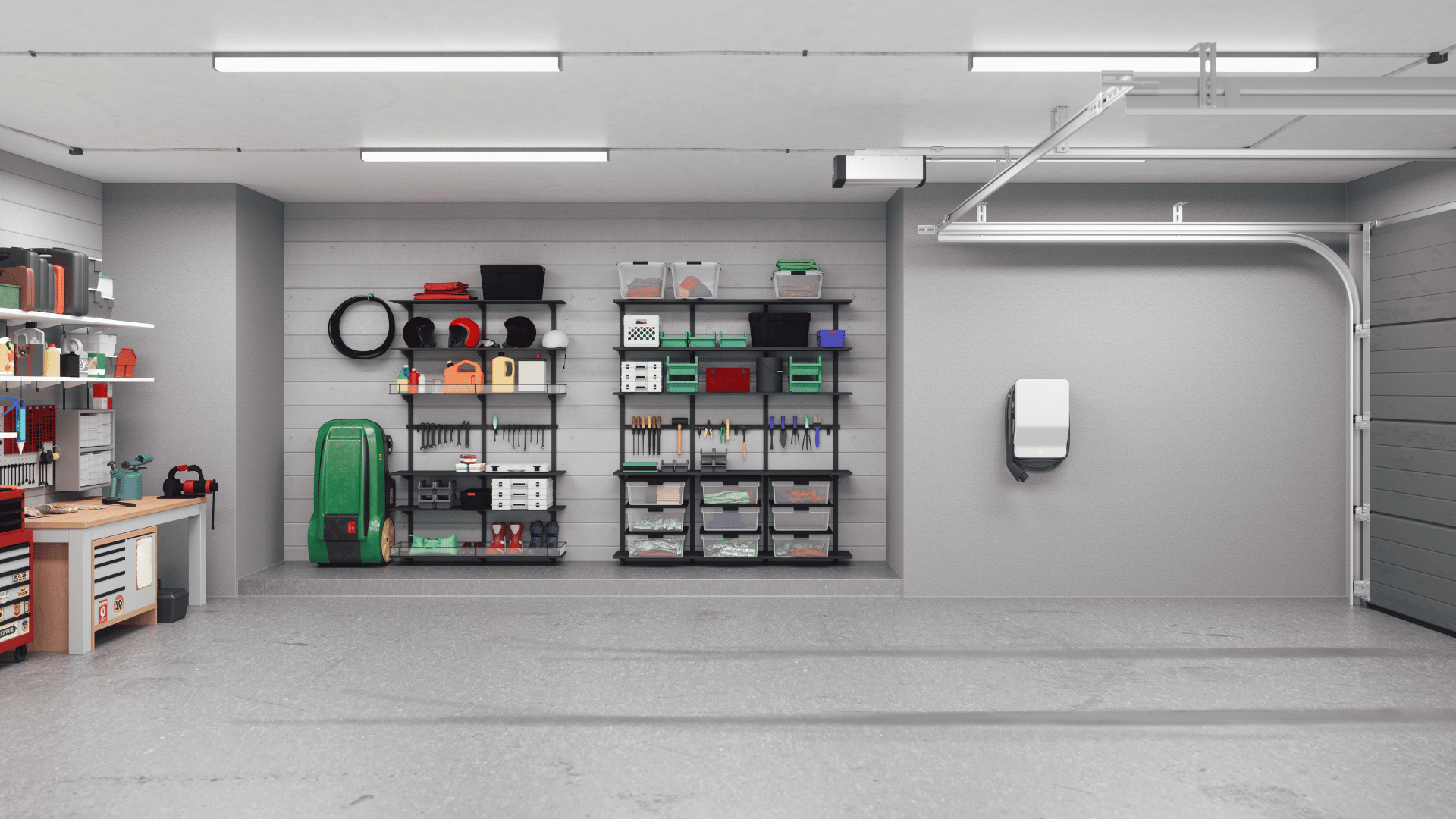 Prefab garage workshop building with loft storage, tools, and vehicle space