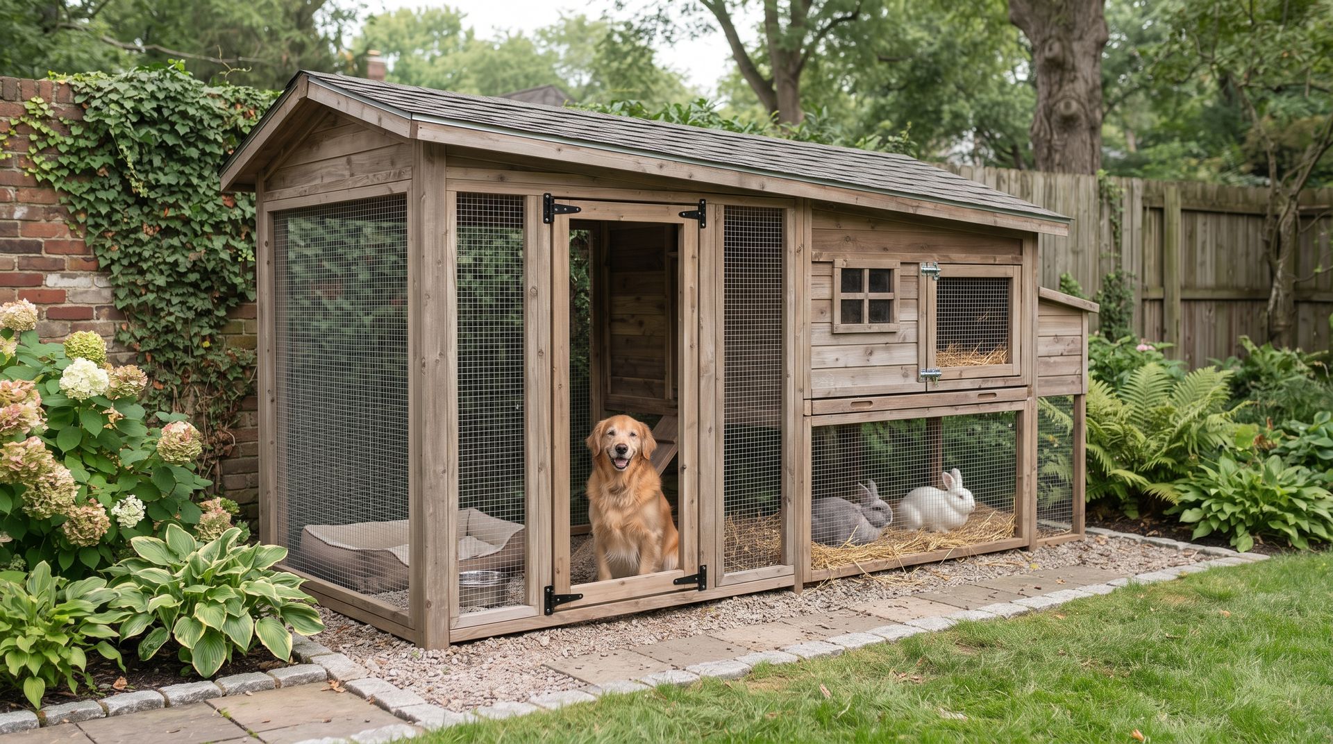 Weather-resistant dog kennels and rabbit hutches