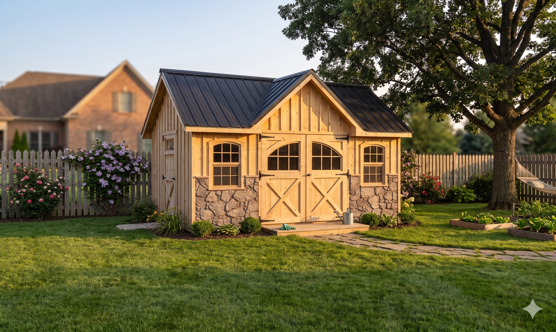Small tan garden shed with dark roof in a grassy backyard, beside a fence and large tree.
