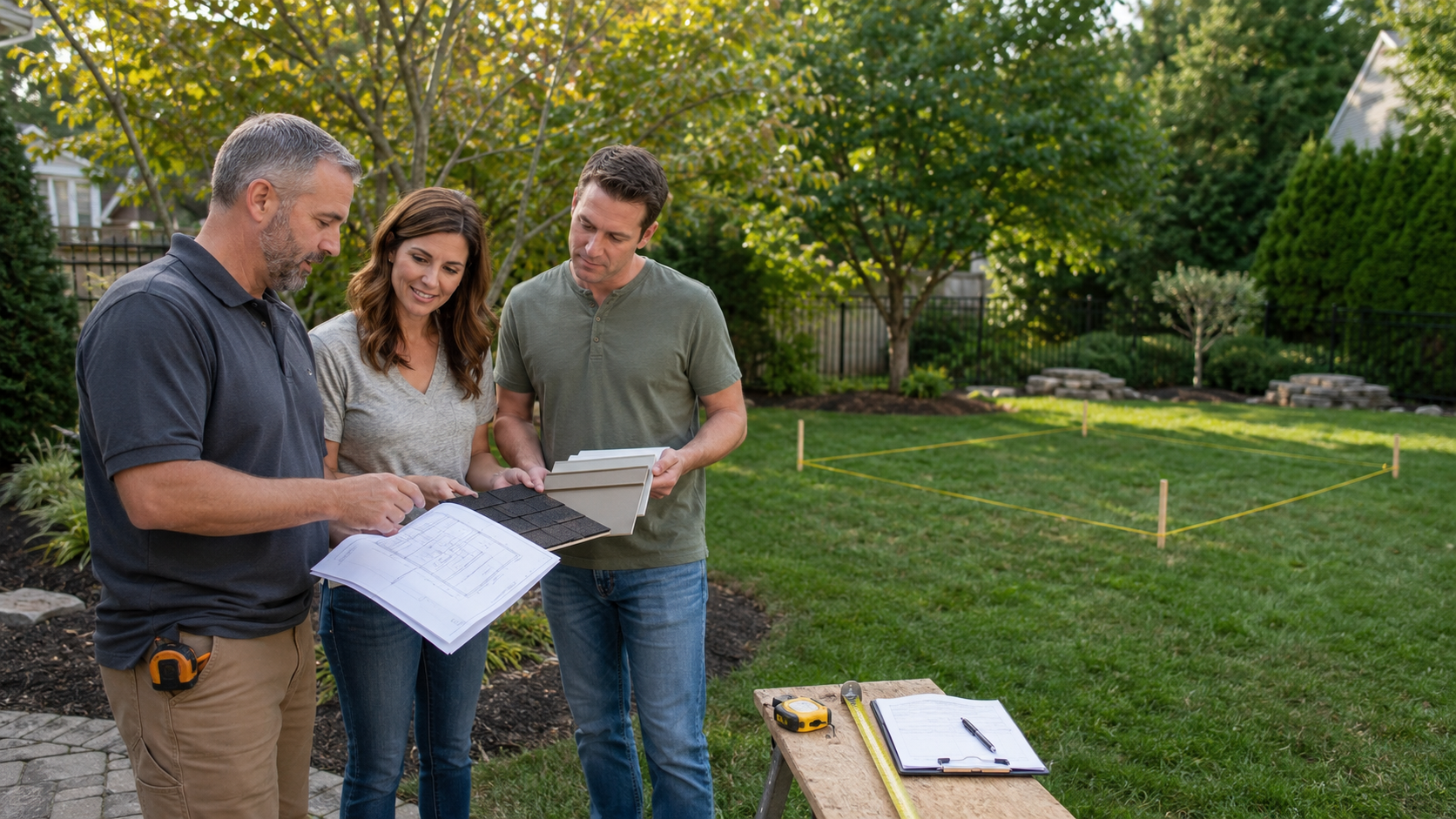 Homeowners reviewing cabana plans, material samples, and layout ideas with a builder outdoors