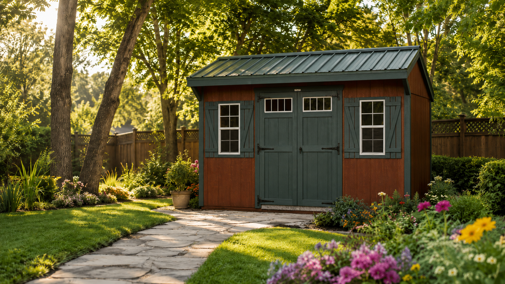 Small garden shed with green doors and red siding in a sunlit yard with flowers and stone path