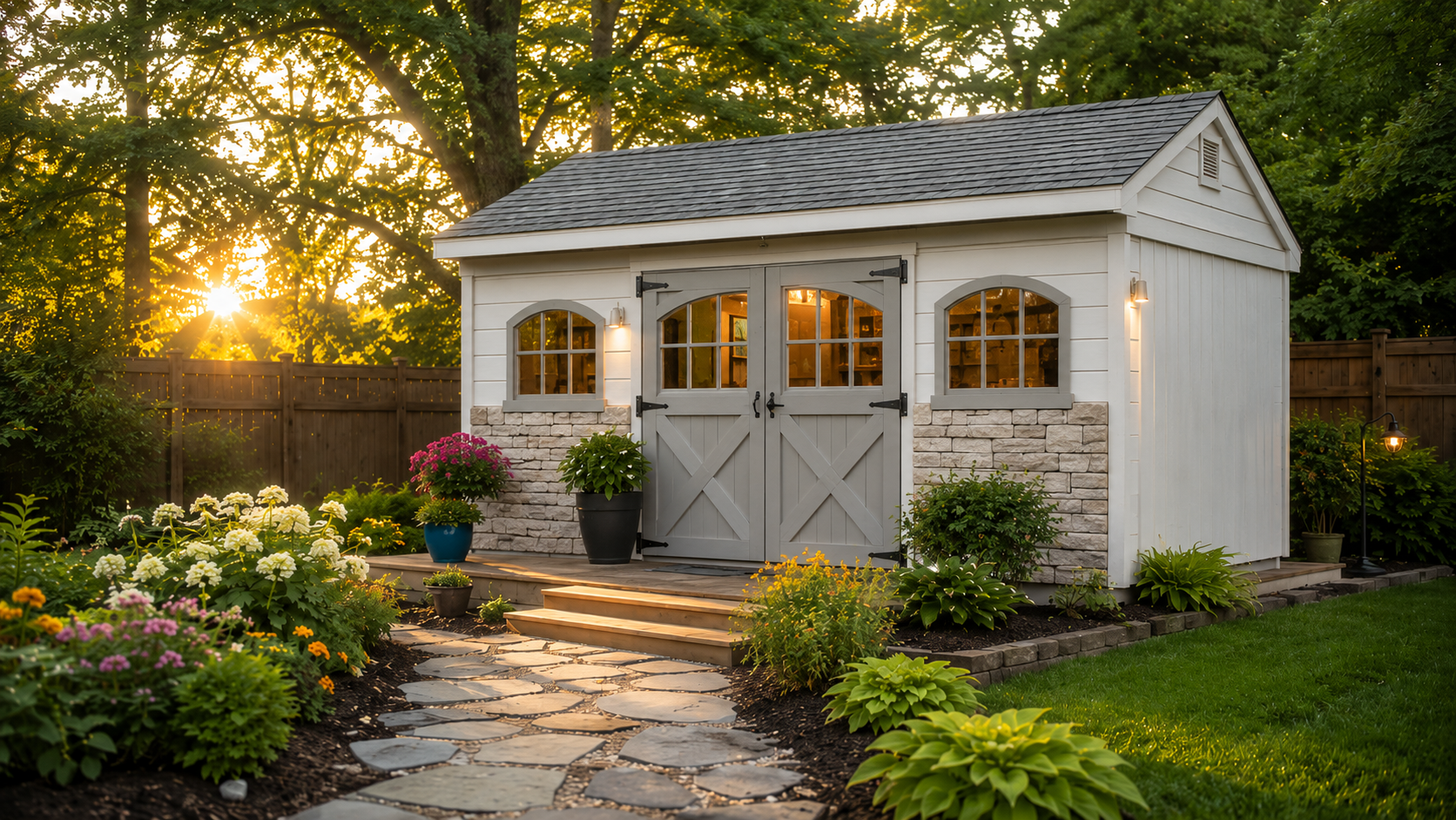 Small wooden garden shed with double doors and arched windows beside a house and flowering bushes