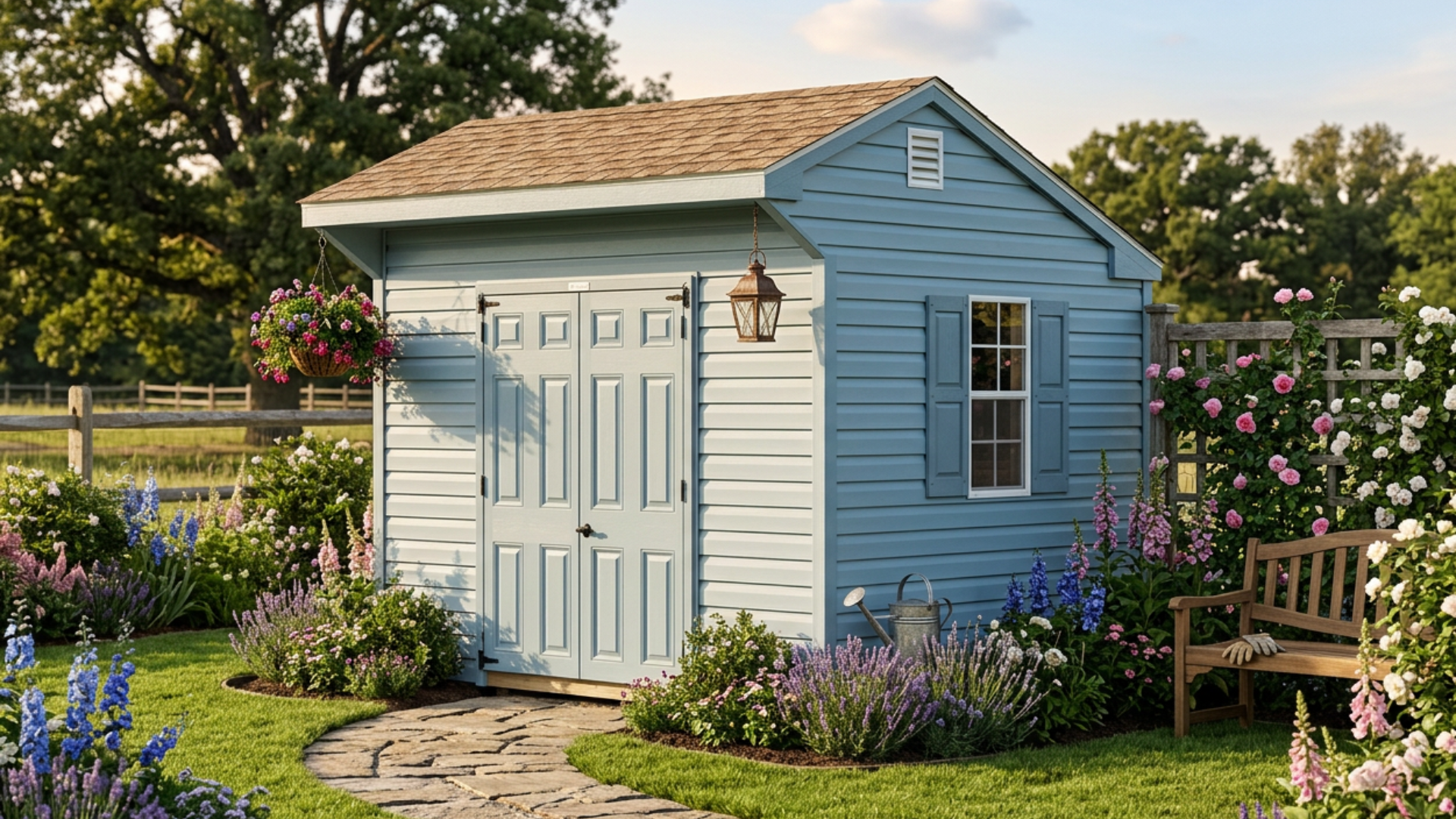 A light blue garden shed with a shingled roof, set in a lush backyard surrounded by flowers, greenery, and a stone path.