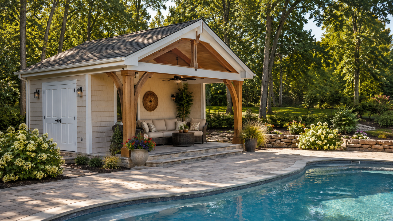 Custom-built backyard cabana beside a landscaped patio and swimming pool