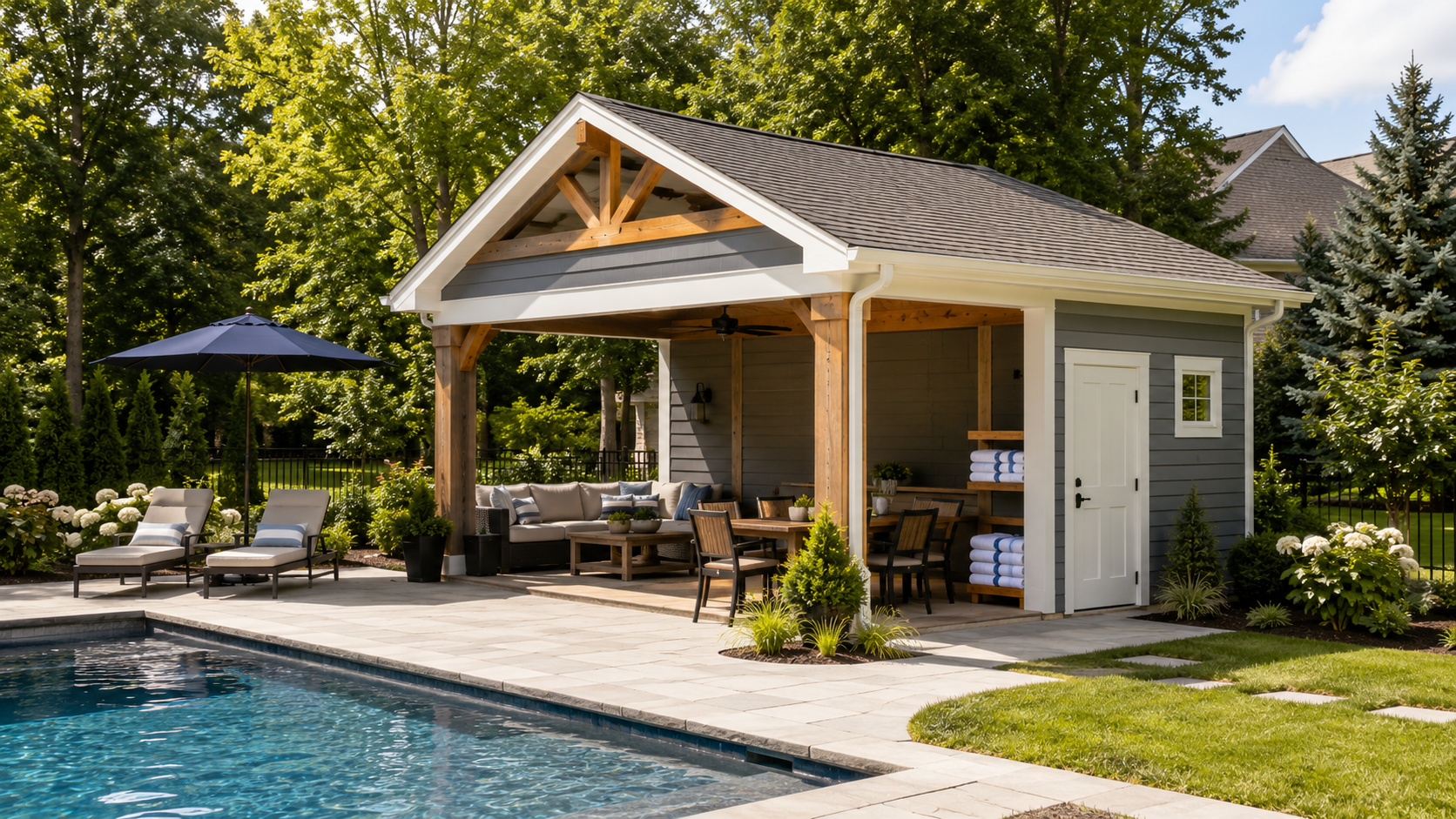 Custom backyard cabana beside a pool with outdoor seating, storage space, and landscaped surrounding