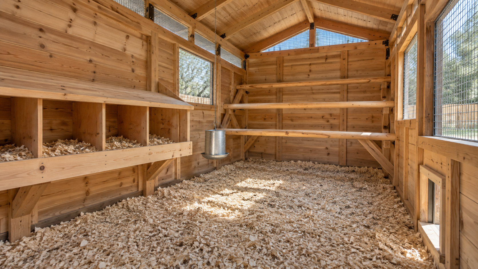 Custom chicken coop interior with nesting boxes and roosting bars