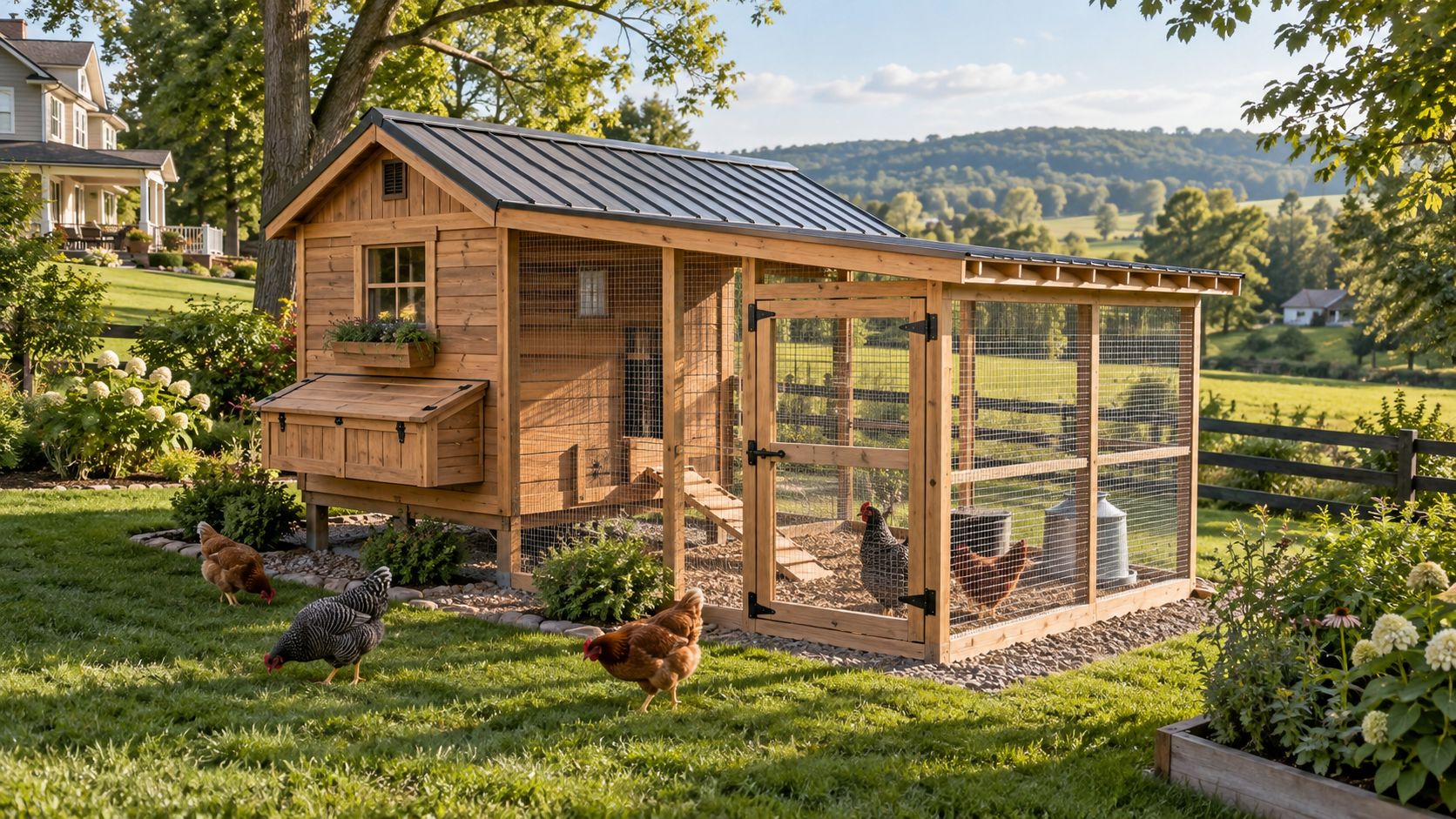 Custom wooden chicken coop installation with chickens in backyard