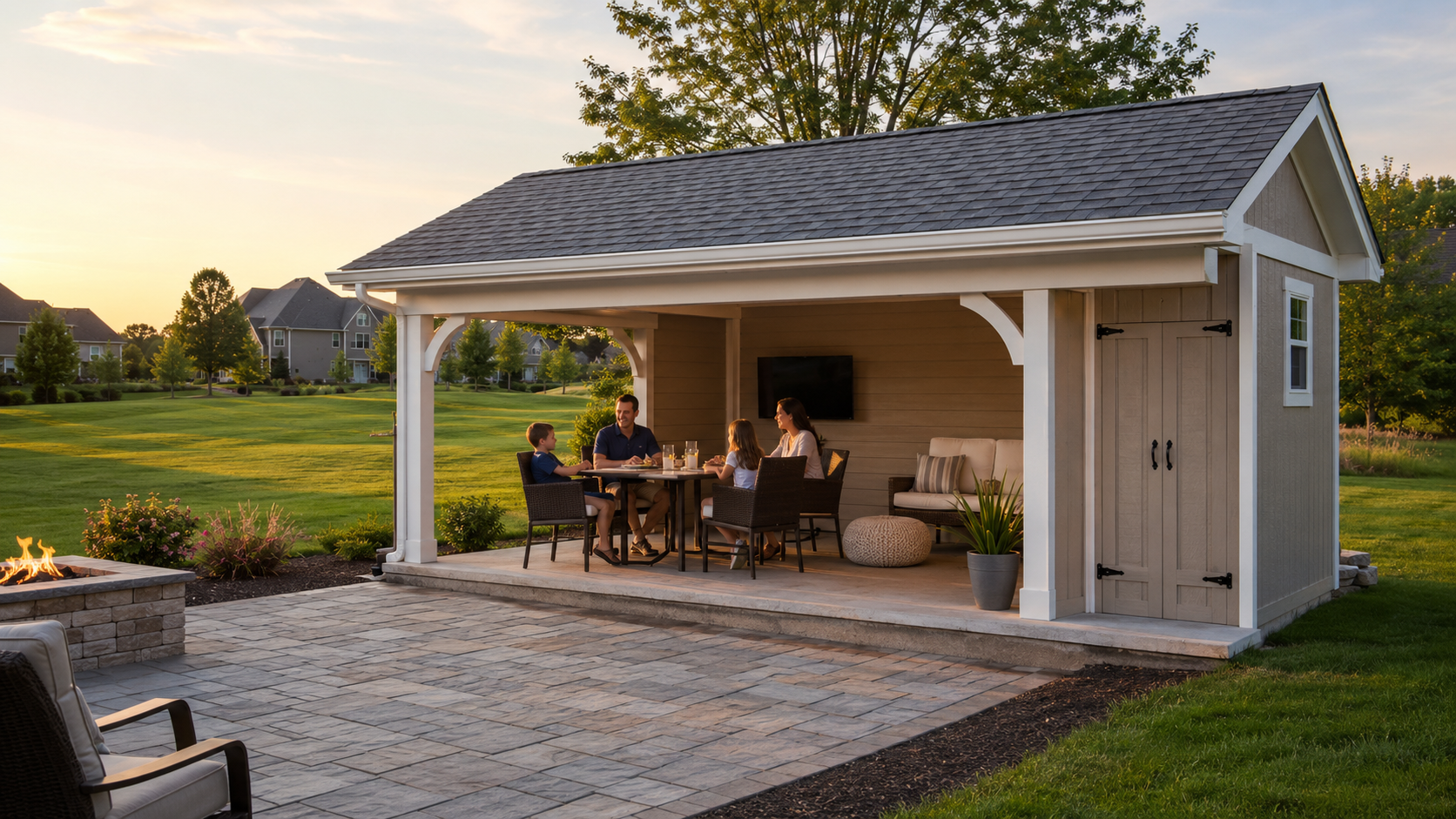 Finished backyard cabana with family gathering area, outdoor dining, and comfortable patio seating