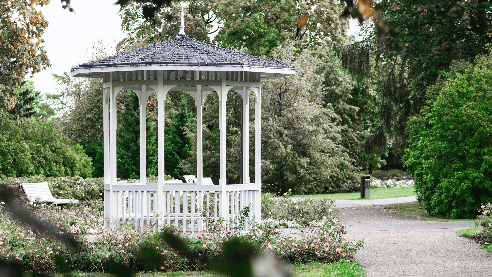 Commercial outdoor gazebo structure providing shaded seating for guests and property residents