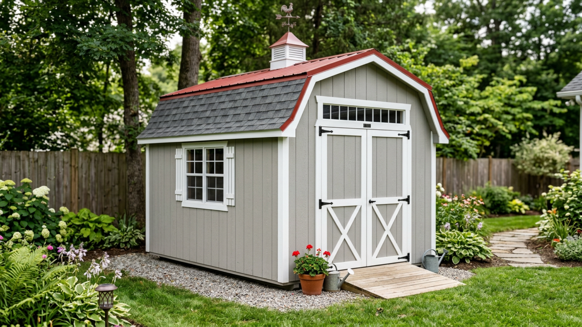 A light gray storage shed with white trim, a gambrel roof, and a cupola, sitting in a garden with a stone path.