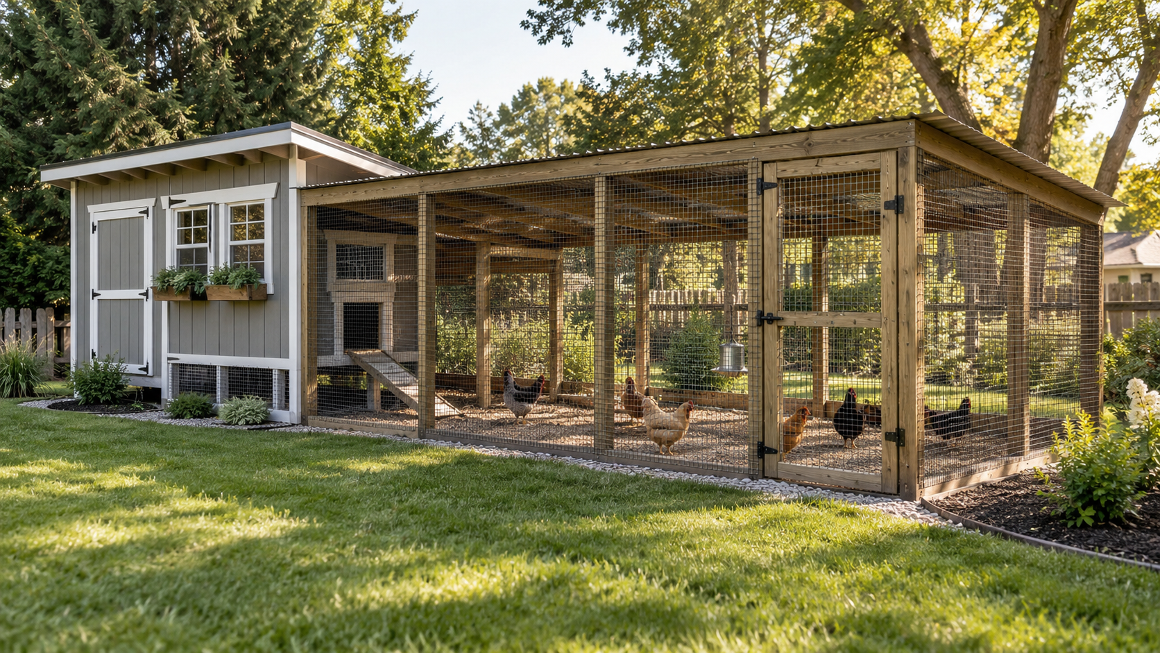 Professionally built backyard chicken coop with secure outdoor run