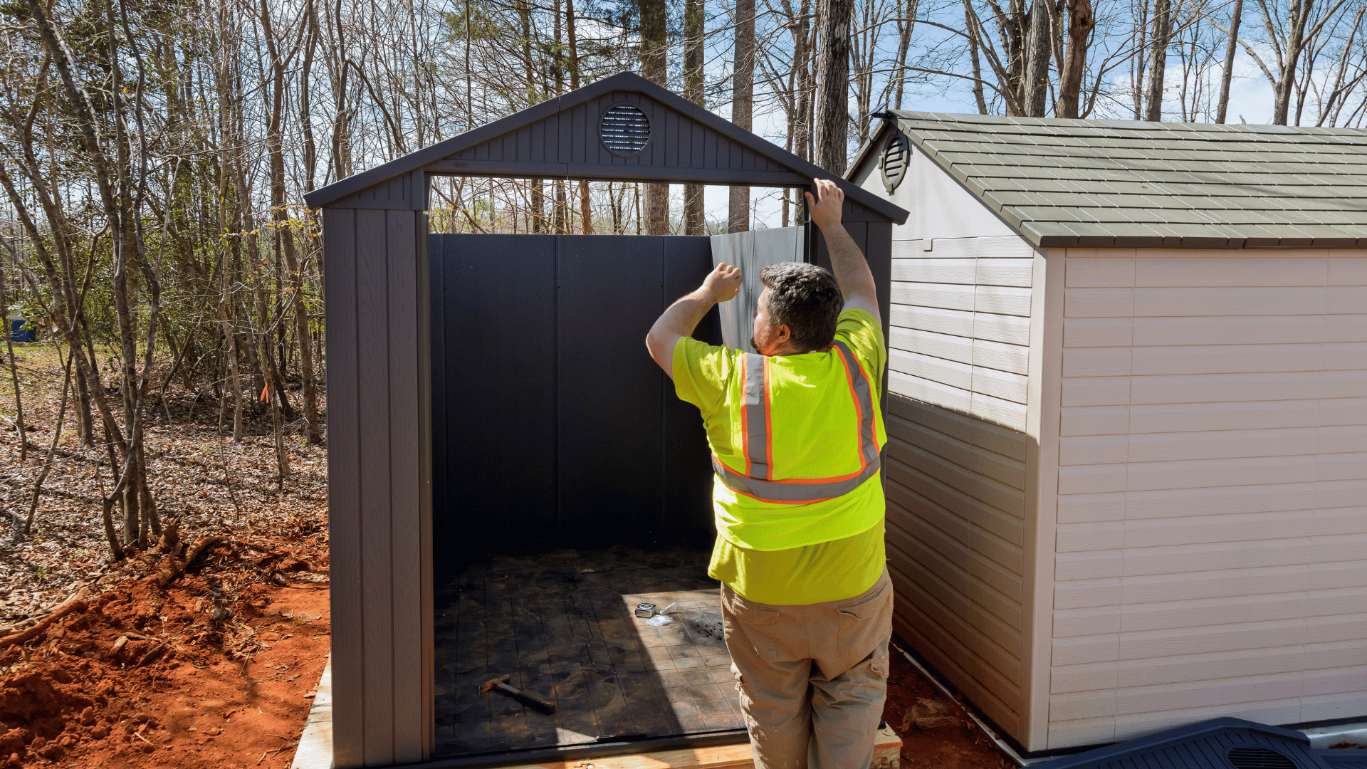 Wood and metal backyard storage sheds in compact and portable designs for residential properties