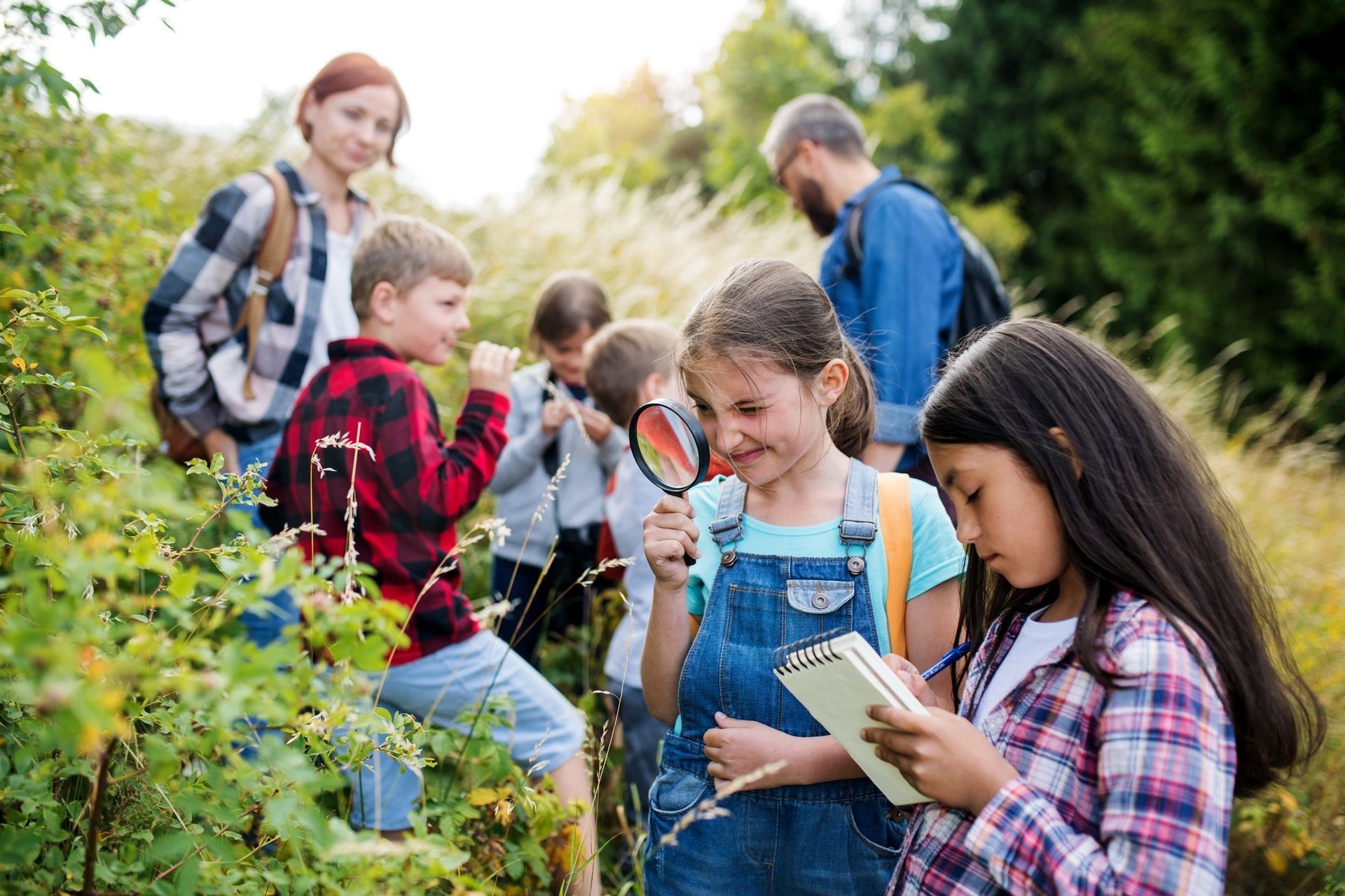 A group of children are looking through a magnifying glass in a field.
