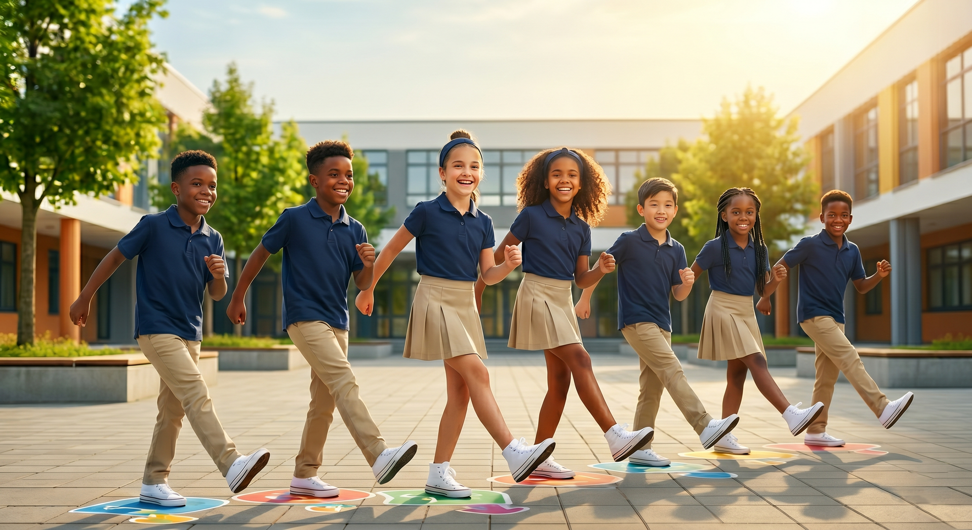 Students walking together in a sunny school courtyard, carrying backpacks and smiling.