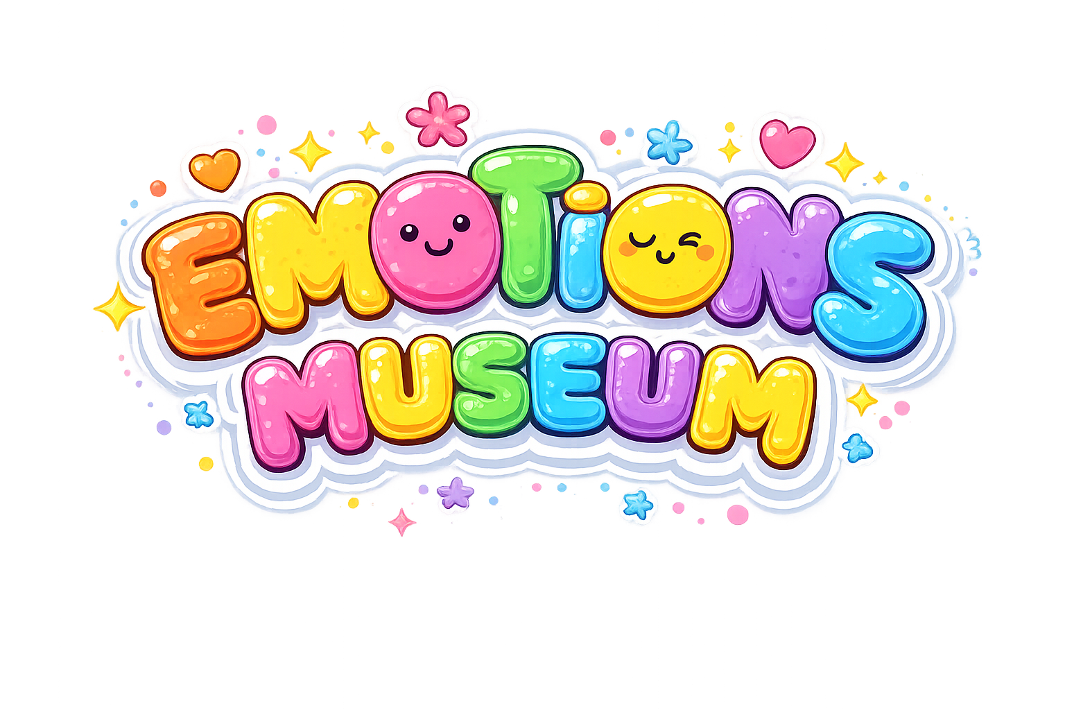 Colorful “Emotions Museum” logo with smiling face letters and playful hearts
